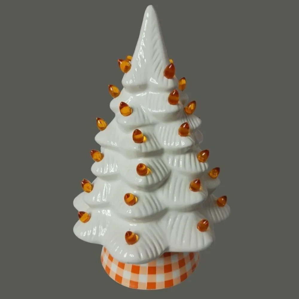 White Ceramic Christmas Tree With Orange Lights & Checkered Base - 